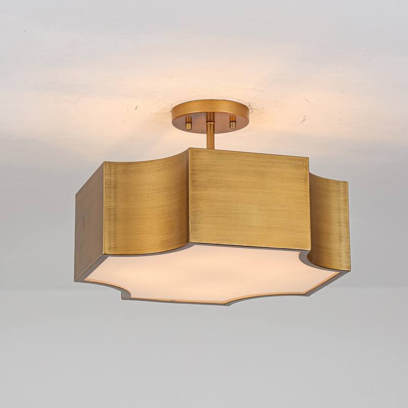 4-Light Mid-Century Modern Vintage Gold Metal Flush Mount Ceiling Light - Rectangular Metal Shade Fixture for Dining Room