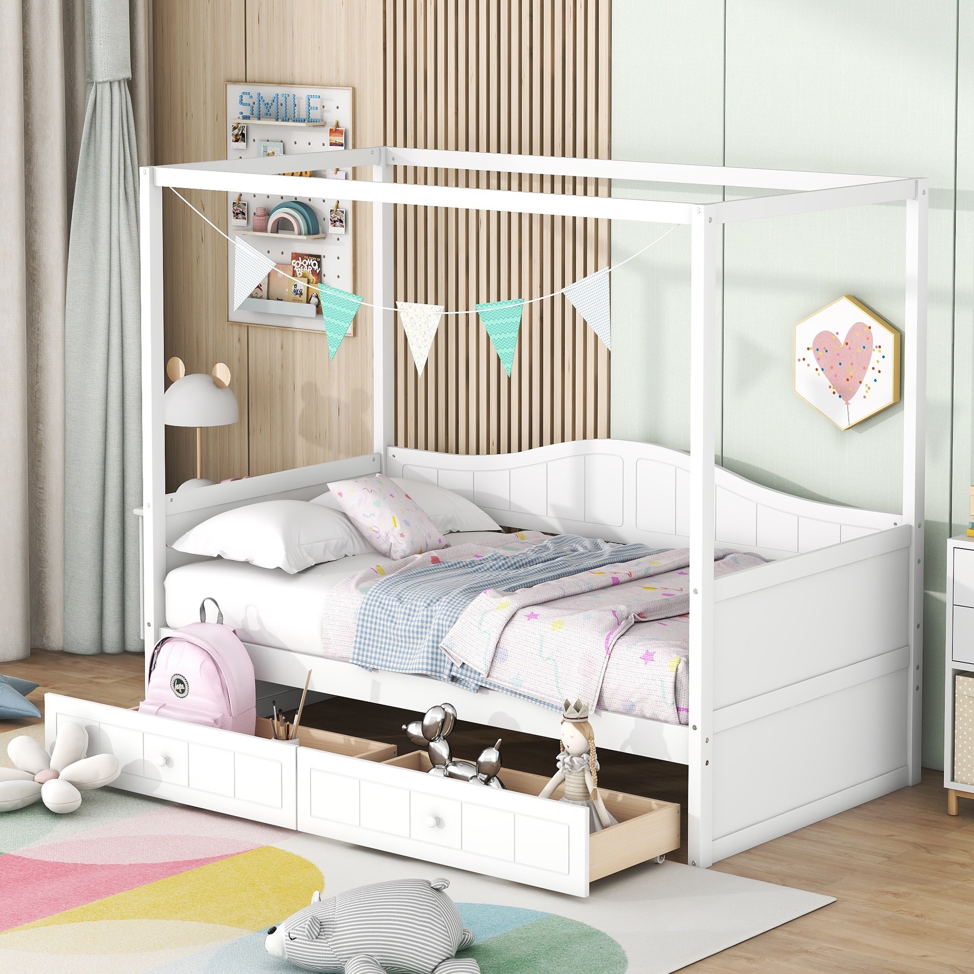 Twin Size Canopy Daybed with Trundle Stylish White Gray Design for Cozy Sleepovers