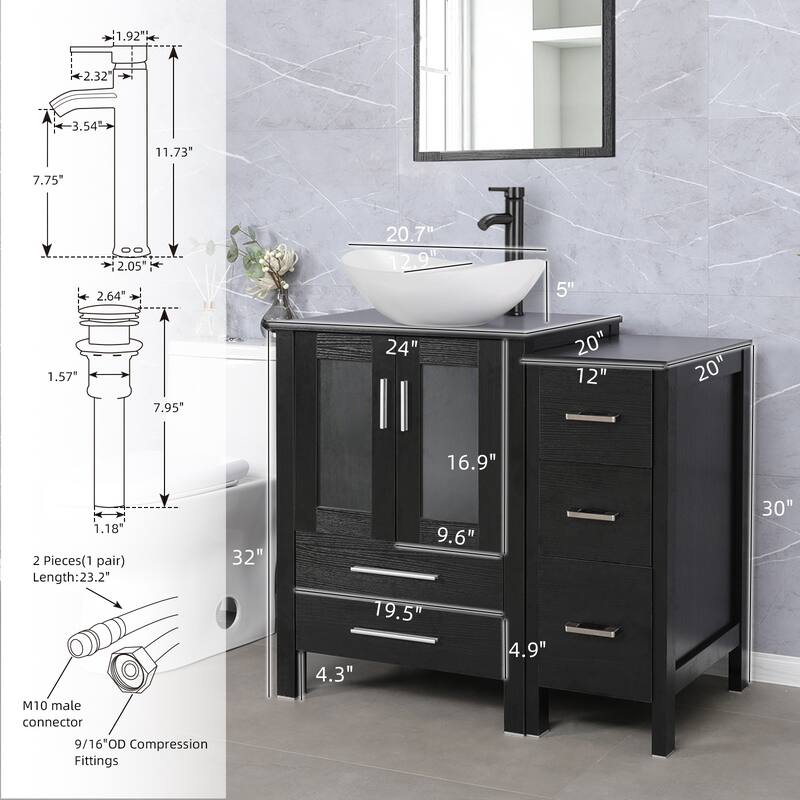 eclife 36" Bathroom Vanity Black Set with Side Cabinet Vessel Sink Faucet Combo