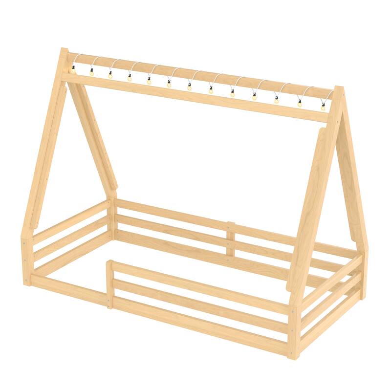 House Floor Bed with Tent and Light Montessori Kids Wood Bed Frame