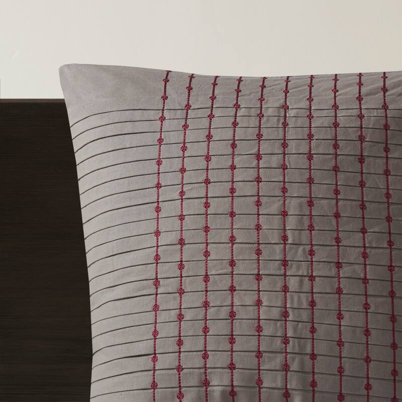 N Natori Cherry Blossom Grey Cotton Sateen 26-Inch Euro Sham with Pleat/ Embroidery Details and Zipper Closure
