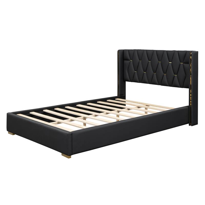 Full Size Upholstered Platform Bed with PU Leather Headboard and Sturdy Frame