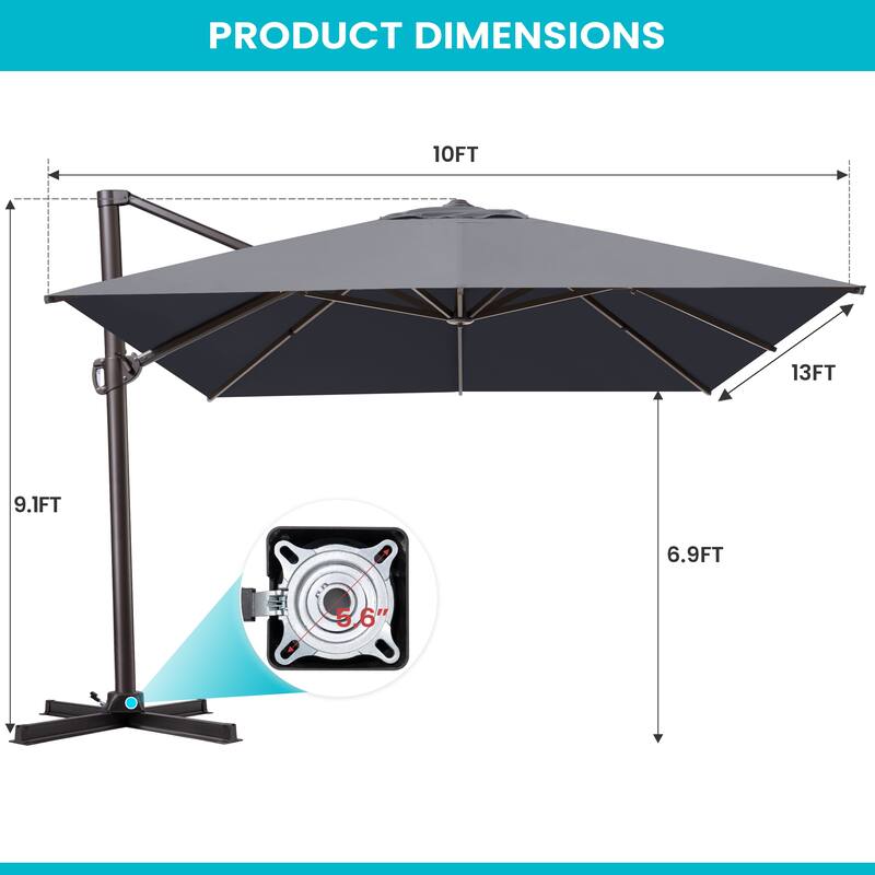 10x13FT Patio Cantilever Umbrella Outdoor Offset Umbrella 360-Degree Rotation with No Base