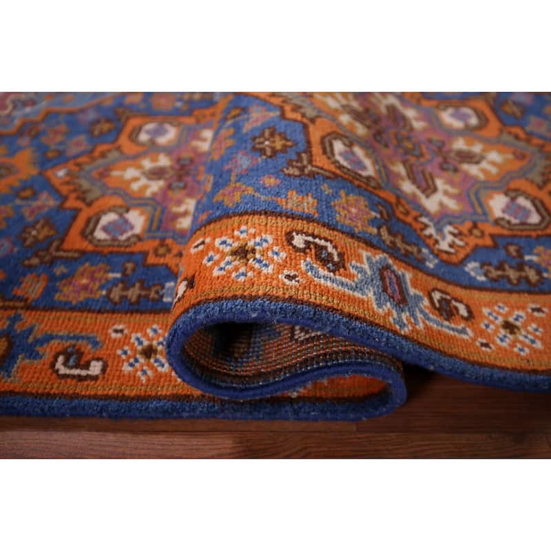 Blue & Orange Geometric Kazak Foyer Rug Hand-Knotted Wool Carpet - 2'6"x 6'0"