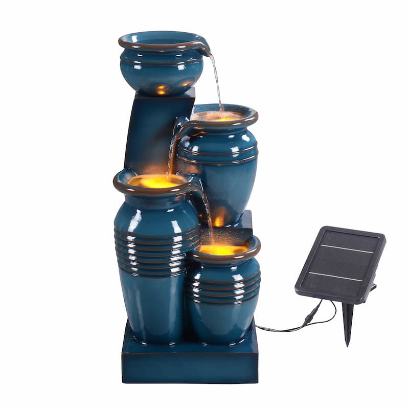 Teamson Home 28.74" 4-Tier Outdoor Fountain with LED Lights, Solar Powered, Weather-Resistant Faux Stone for Garden & Patio