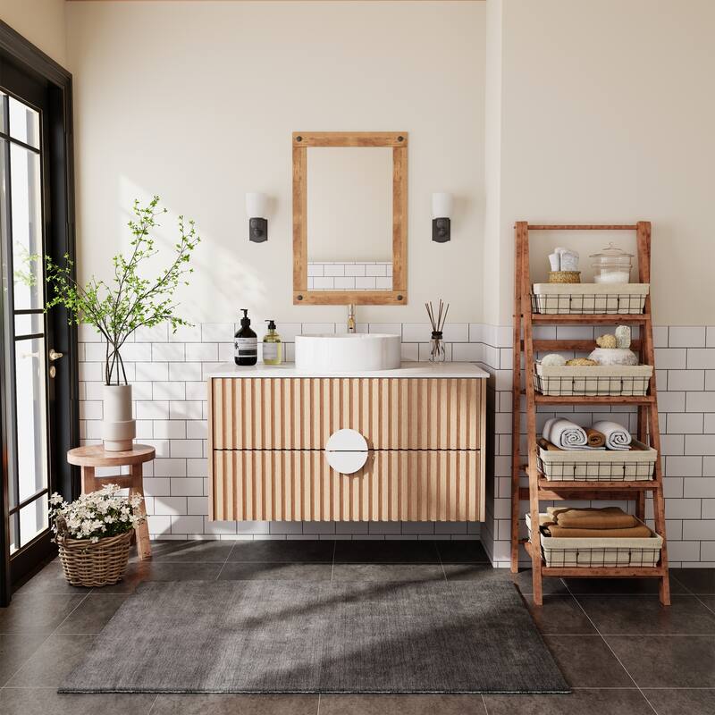 35.43" Floading Single Bathroom Vanities, with 2 Drawers, Glossy Sintered Stone Top, Light Wood