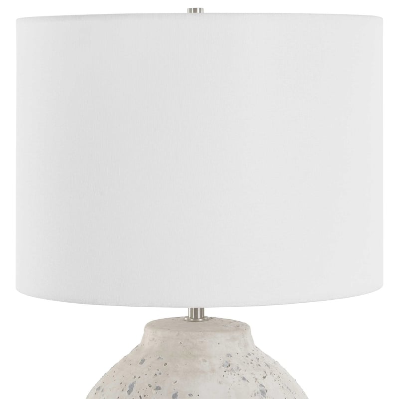 Table Lamp, Round Linen Shade, 24 Inch Distressed White Ceramic Body