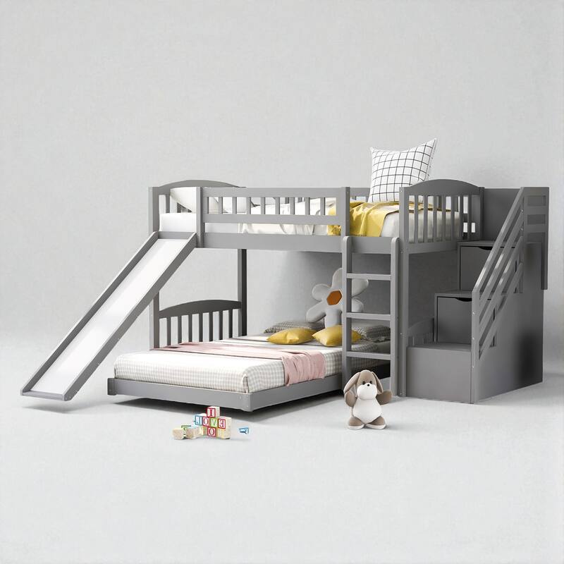 Stairway Twin over Twin Bunk Bed with Slide and 2 Drawers, Reversible Ladder and Guardrails