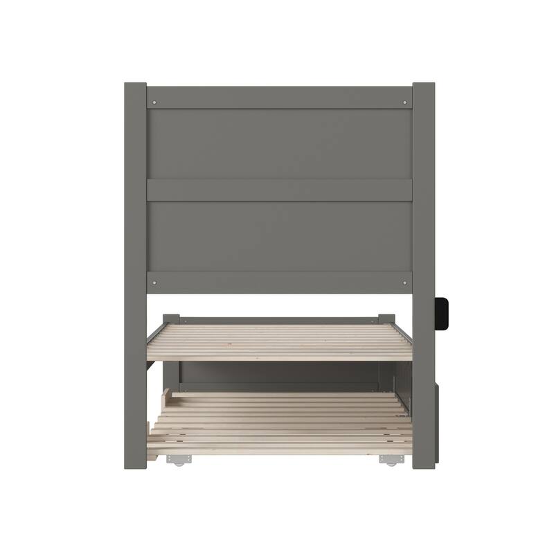Twin Bed with Trundle - Grey Platform Bed Frame, Modern Style, Solid Wood, Charging Station