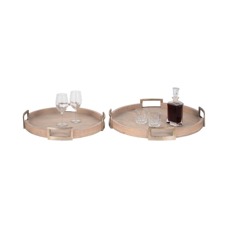 Sagebrook Home's Maxwell Round Wood Trays - Natural Mango Wood & Aluminum, Set of 2 - 26" x 26" x 4"