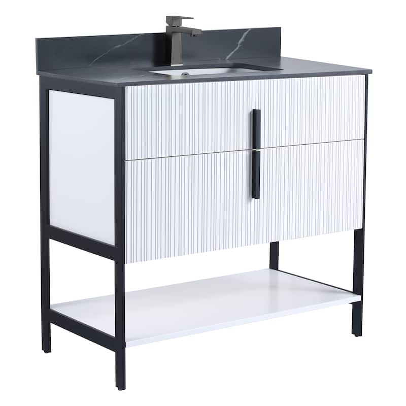Fine Fixtures Serenity Modern Bathroom Vanity with Black Sintered Stone Top - White Matte - Black Hardware - 36 inch
