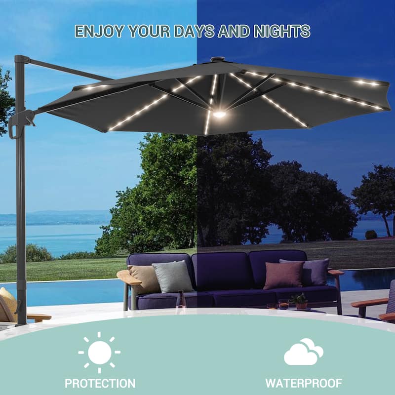 LIVOOSUN 11Ft Aluminum LED Patio Cantilever Offset Umbrella With Base