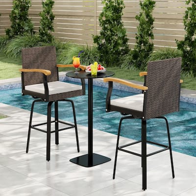 Mix Brown Rattan 360° Swivel Bar Stool with Cushioned Seat and Metal Frame for Outdoor Seating - 23” x 22” x 46.5” (L x W x H)
