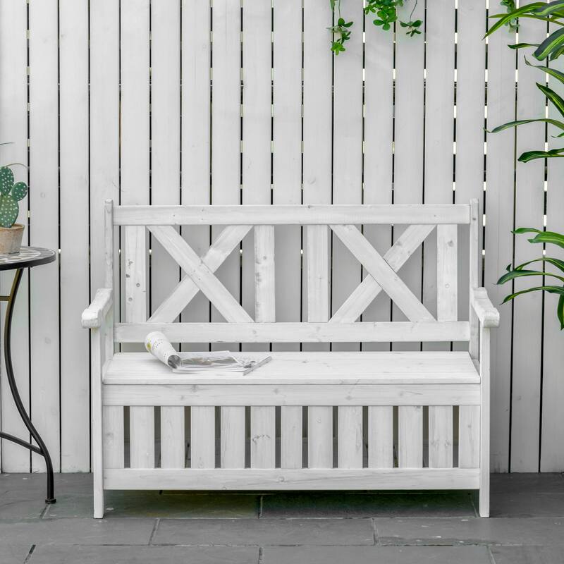 Cream White Rustic Solid Fir Wood Storage Boxes with Bench and 4 Wooden Legs for Porch Deck Garden and Balcony - White