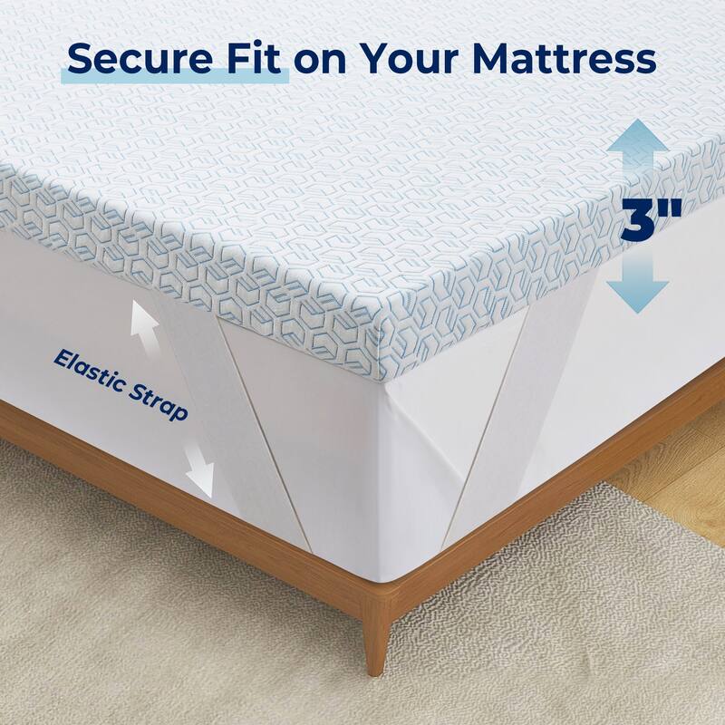 3" Gel Infused Memory Foam Ventilated Mattress Topper with Elastic Deep Strape - White