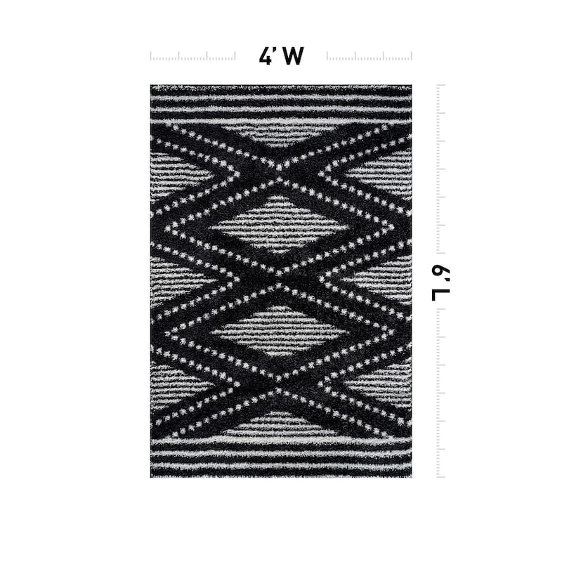 Geometric Shag Area Rug - Durable for Living Room, Bedroom - Polyester with Jute Backing - Anthracite Dark Gray and White