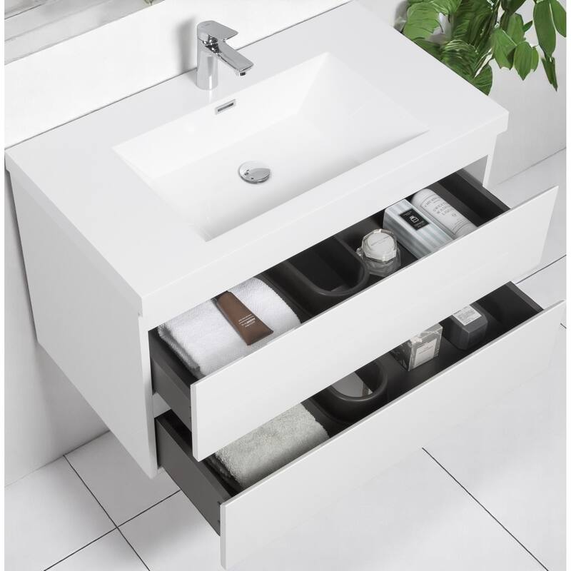 36 Inch Wall Mounted Bathroom Vanity with Resin Top Sink, Floating Storage Cabinet, Soft-Close Drawers
