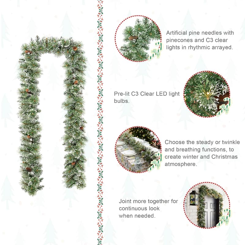 Glitzhome 9ft & 6ft Pre-Lit Frosted Greenery Pinecones Christmas Garland