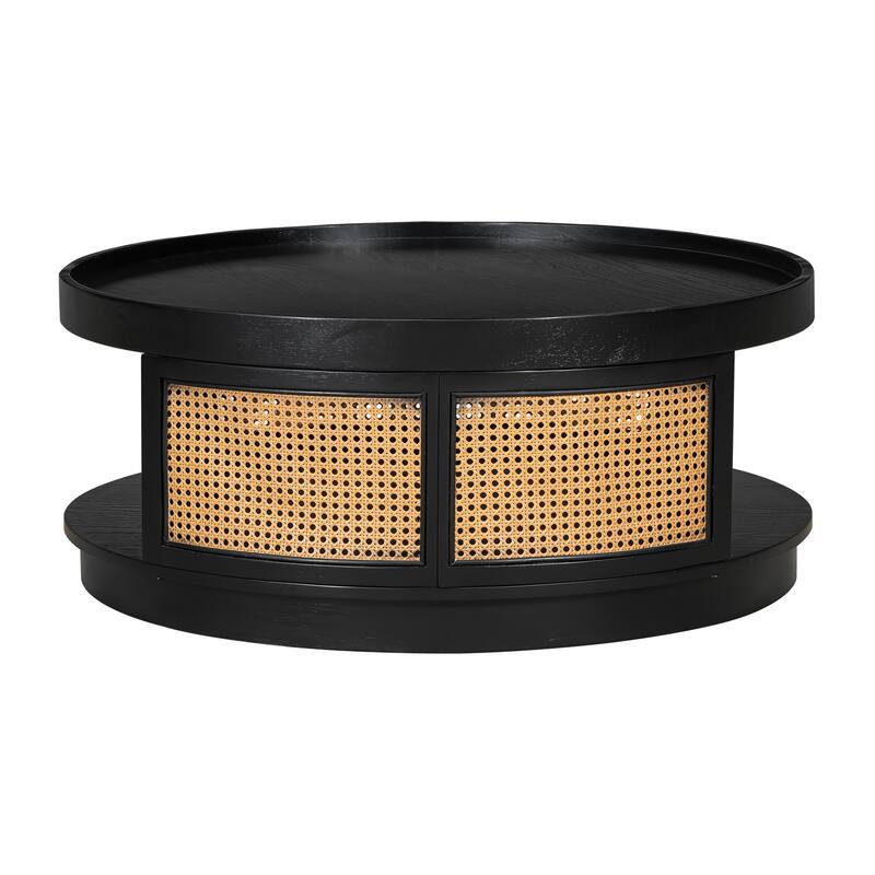 36.8" Wooden Mid-Century Modern Coffee Table with Storage, Round Cane Coffee Table with PE Rattan Side for Living Room