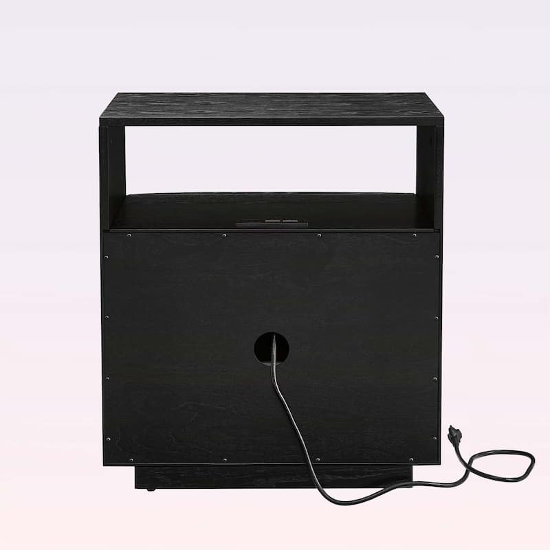 Mid Century Nightstand with Charging Station,Outlet,and 2 Wood Drawers,Louver Design for Living Room,Dorm