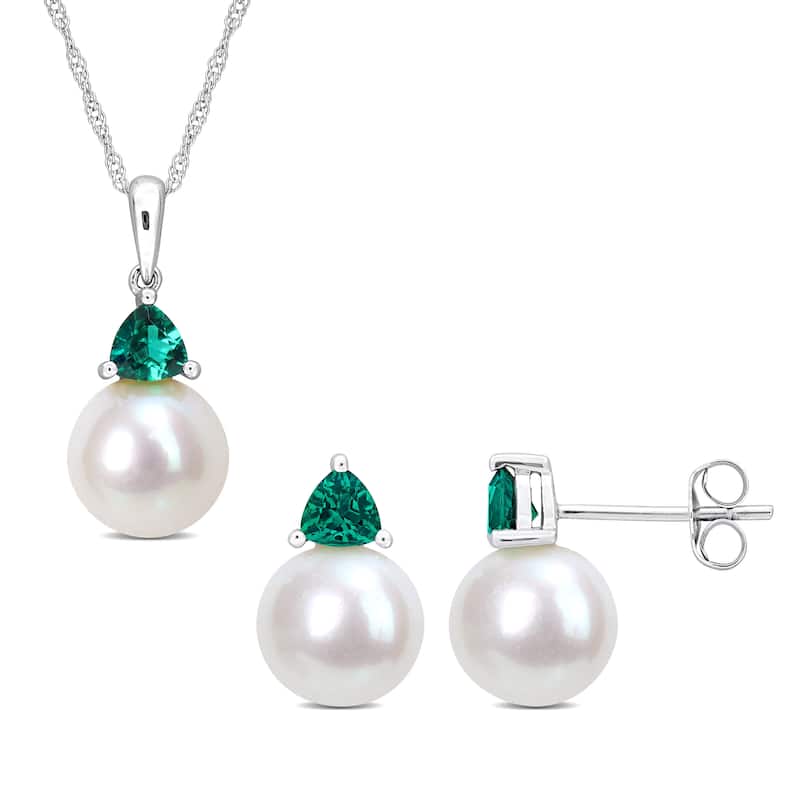 Miadora 8-8.5mm Cultured Freshwater Pearl 5/8ct TGW Created Emerald Jewelry Set 10k White Gold
