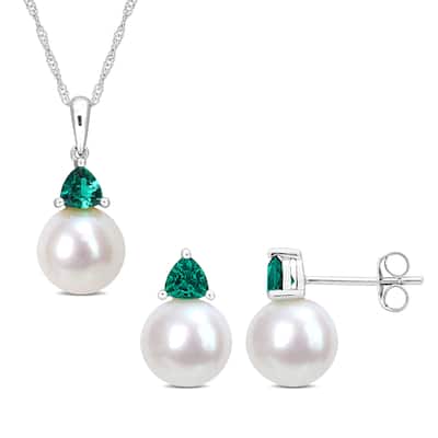 Miadora 8-8.5mm Cultured Freshwater Pearl 5/8ct TGW Created Emerald Jewelry Set 10k White Gold