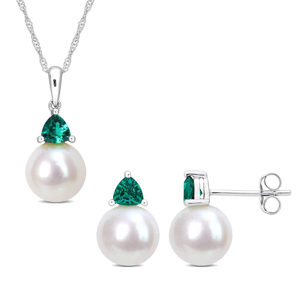 Miadora 8-8.5mm Cultured Freshwater Pearl 5/8ct TGW Created Emerald Jewelry Set 10k White Gold