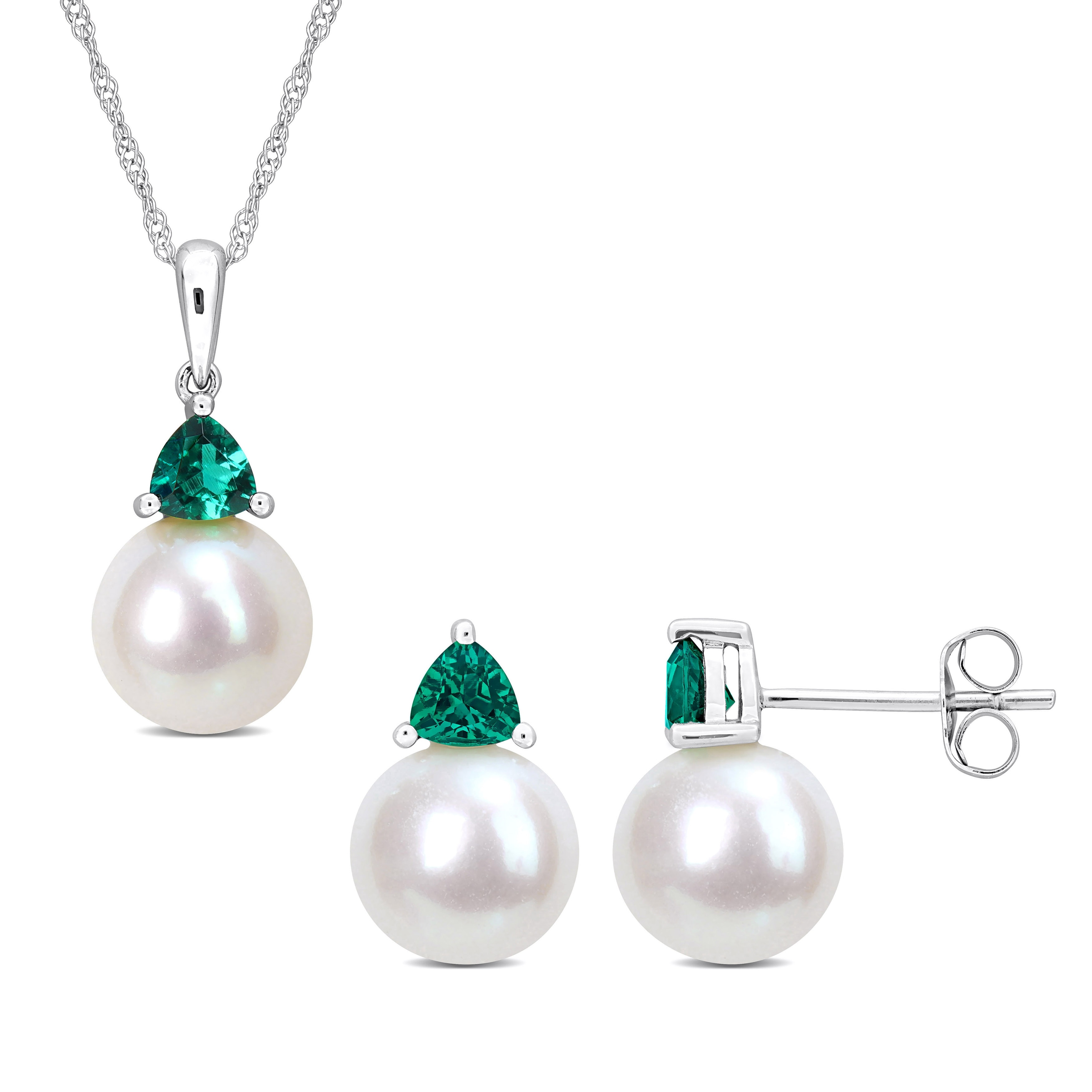 Miadora 8-8.5mm Cultured Freshwater Pearl 5/8ct TGW Created Emerald Jewelry Set 10k White Gold