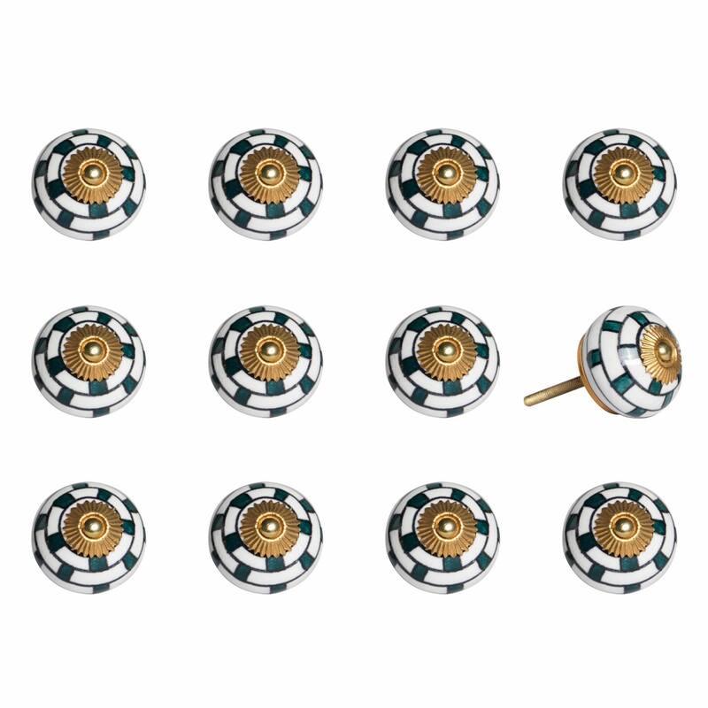 Round Ceramic Cabinet Knobs 12 Pack White Teal Gold Geometric Drawer Pulls for Dresser - 1.5” x 1.5” x 1.5”