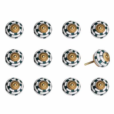 Round Ceramic Cabinet Knobs 12 Pack White Teal Gold Geometric Drawer Pulls for Dresser - 1.5” x 1.5” x 1.5”