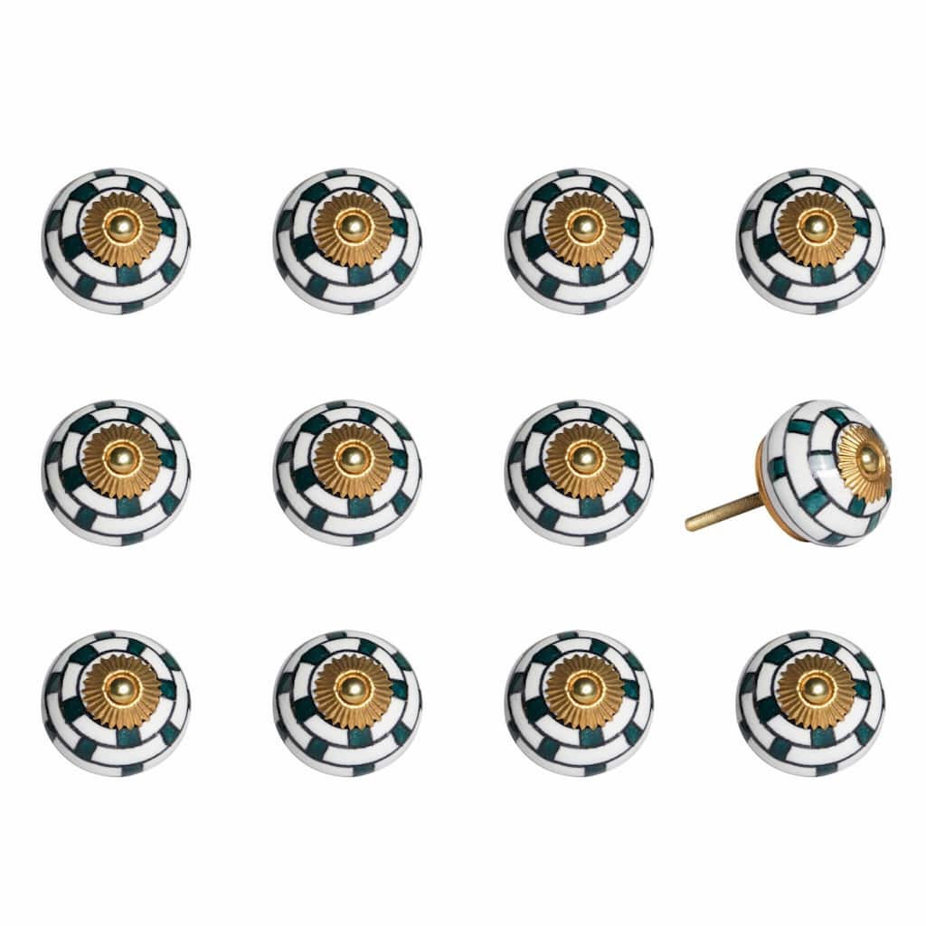 Round Ceramic Cabinet Knobs 12 Pack White Teal Gold Geometric Drawer Pulls for Dresser - 1.5” x 1.5” x 1.5”