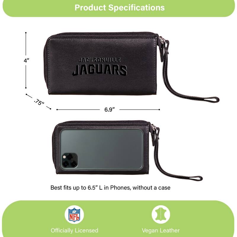 Black Hybrid Leather Cell Phone Wristlet Wallet, Jacksonville Jaguars - 4" x 7"
