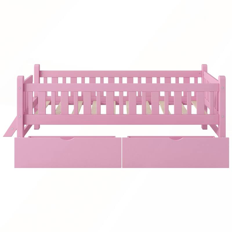 Wood Twin Size Platform Bed with Guardrail and 2 Drawers