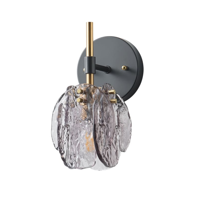 Vintage 1-Light Matte Black and Brass Wall Sconce with Smoked Hand-Blown Glass Shades