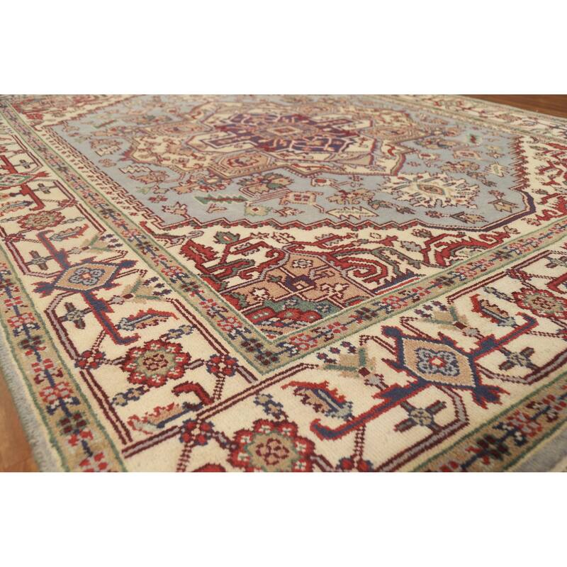 Hand Knotted Oriental 100% Wool Carpet Traditional Medallion Navy Blue & Blues Heriz (serapi) Area Rug - 9' 9'' X 7' 11''
