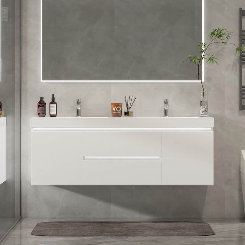 Vanity Art 60-Inch Double Sink Wall Hung Bathroom Vanity Set White Stone Top Glossy Finish with Sensor Switch - Glossy