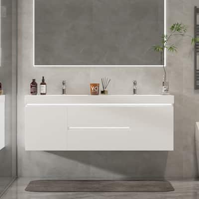 Vanity Art 60-Inch Double Sink Wall Hung Bathroom Vanity Set White Stone Top Glossy Finish with Sensor Switch
