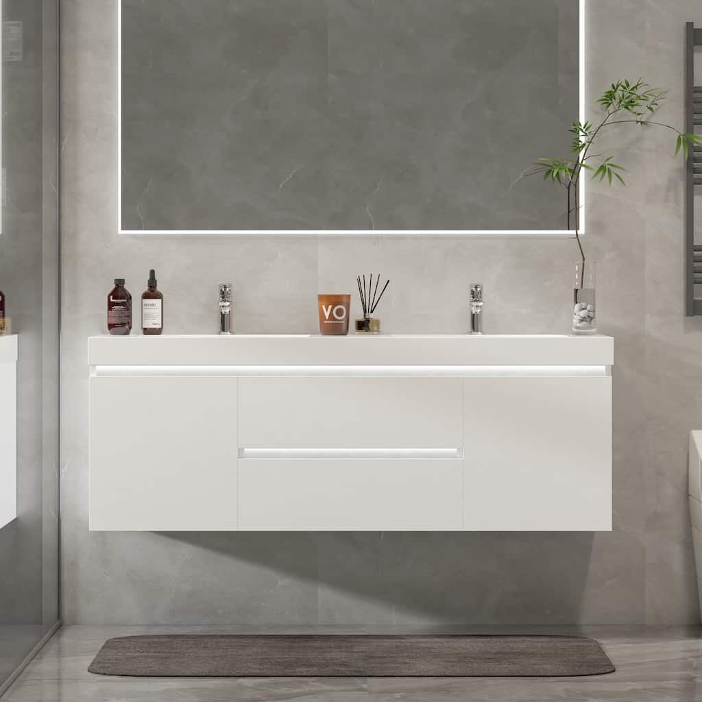 Vanity Art 60-Inch Double Sink Wall Hung Bathroom Vanity Set White Stone Top Glossy Finish with Sensor Switch