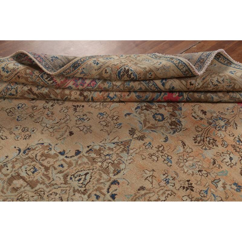 Orange Traditional Mashad Persian Vintage Rug Hand-Knotted Wool Carpet - 9'7"x 13'4"