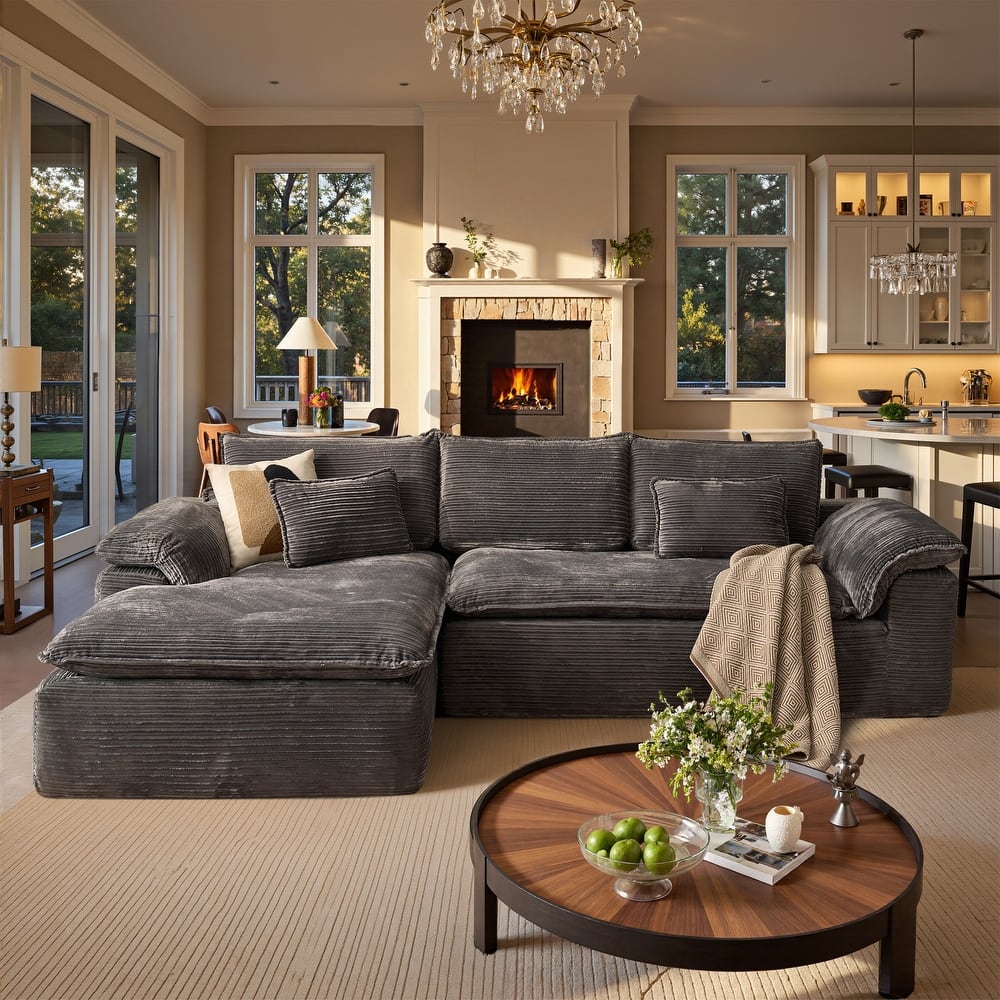 OVIOS Wide Ribbed Plush Sectional Sofa with Pillow-Top Arms