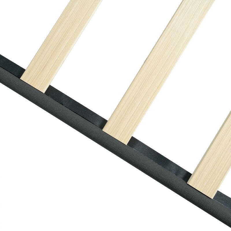 Queen Size Upholstered Platform Bed with Tufted Linen Headboard, Wood Slat Support, Tool-Free Assembly, No Box Spring Required