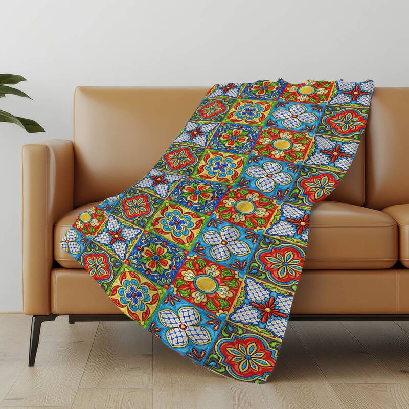 Premium Machine Washable ASB175 Mosaic Tile Sherpa Throw Blanket - Kaleidoscope - 4'2" x 5'10"