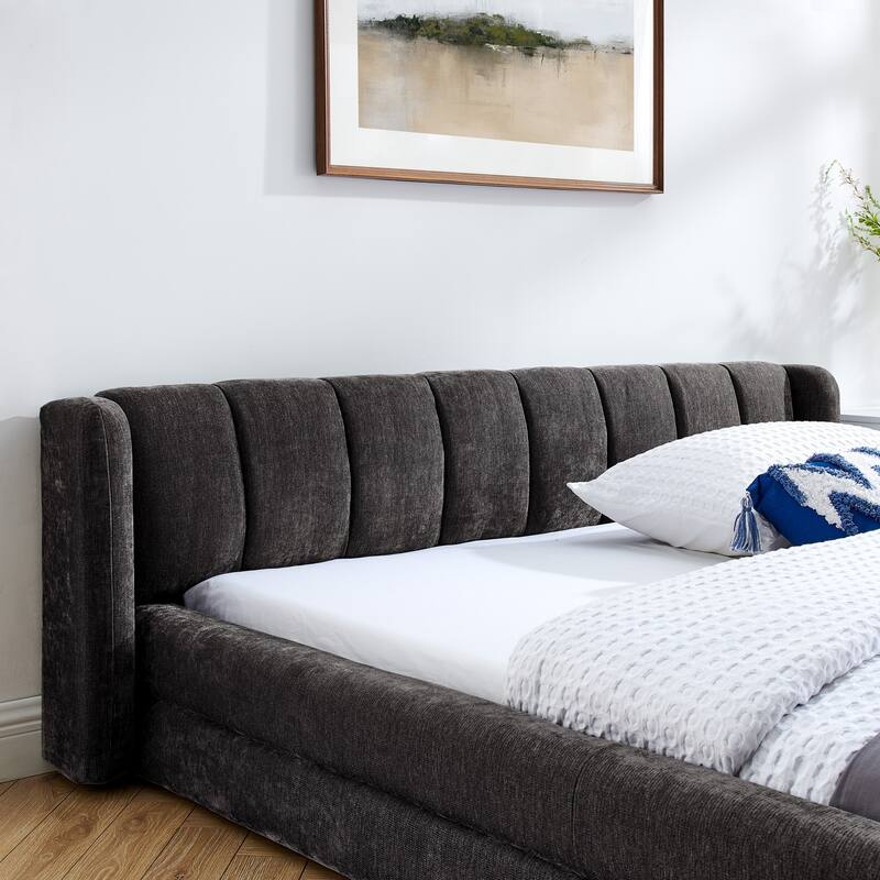 Chenille Fabric Grounded Bed, Thick Fabric Upholstered Bedframe Queen Size Low Wingback Bed with Solid Wood Slat Support Frame