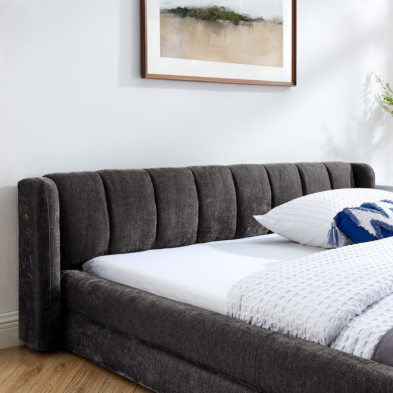 Queen Size Upholstered Bed Frame with Headboard & Solid Frame, Chenille Fabric Grounded Platform Bed - Dark Grey