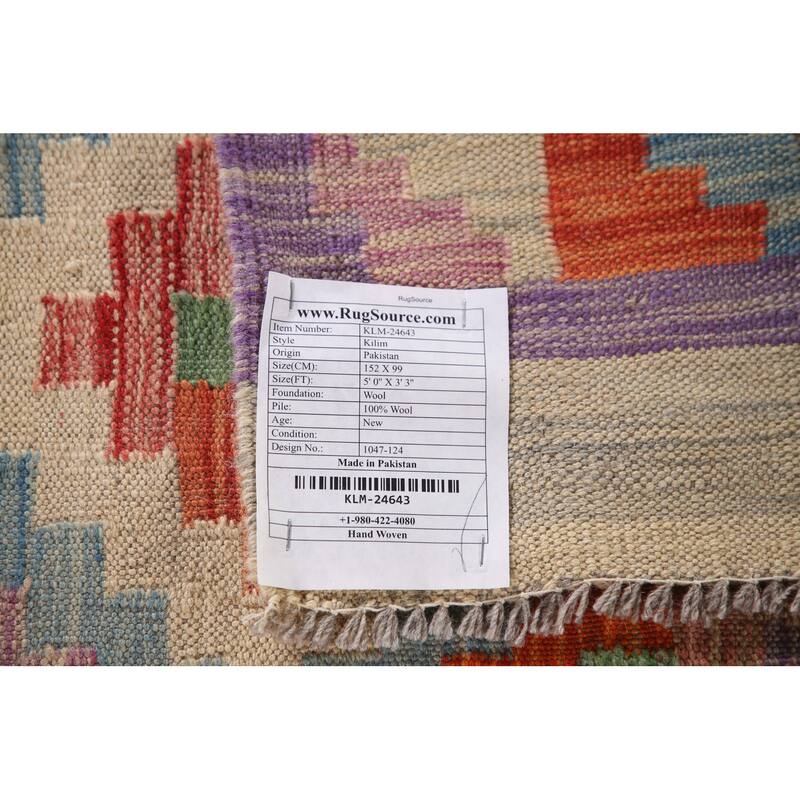 Reversible Kilim Rug Hand-Woven Multi-Color Foyer Wool Carpet - 3'3"x 5'0"