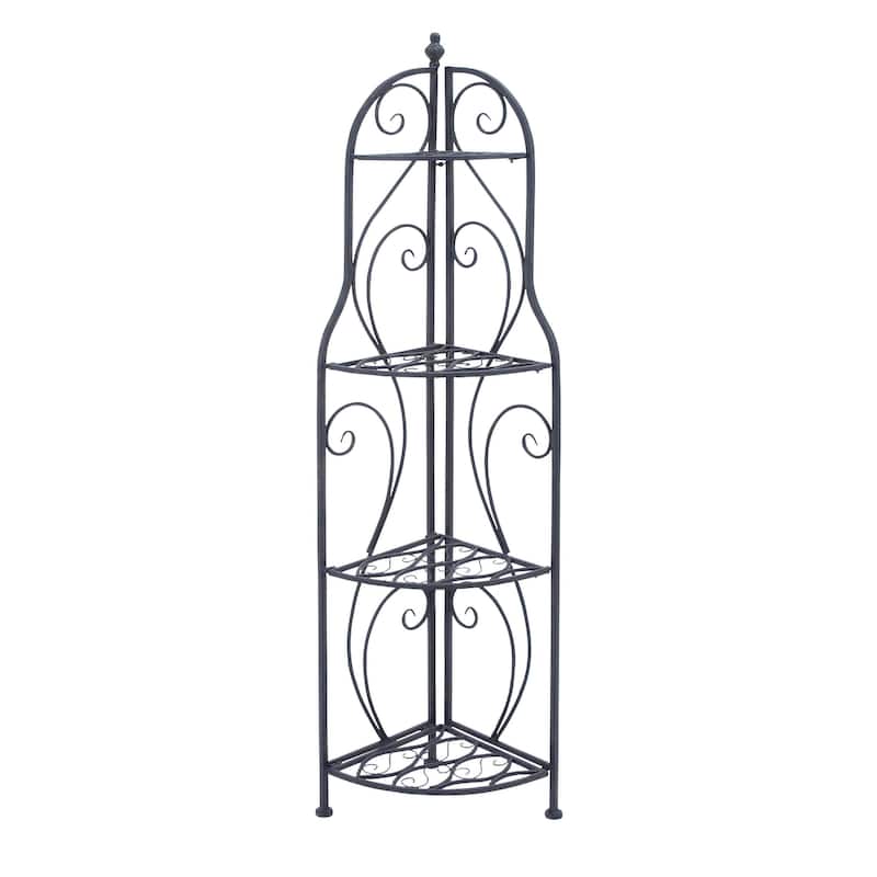 Metal Scroll Indoor Outdoor Arched Tall Folding Corner 4 Shelf Bakers Rack - Black - Roche River Decor - Black