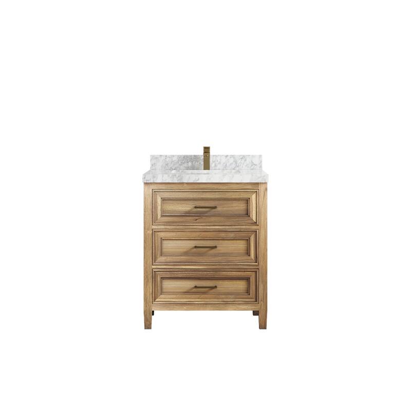 Willow Collections 30 in. W x 22 in. D Santa Monica Teak Single Sink Bathroom Vanity with Countertop - 2" Carrara Marble - Whitewashed Teak