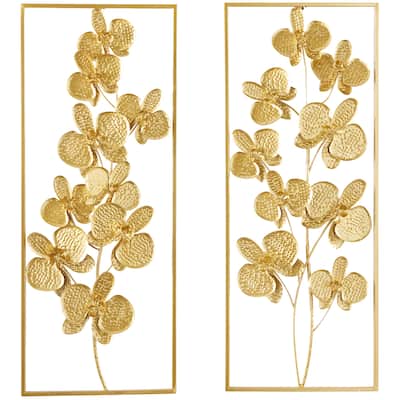 Metal Floral Orchid Wall Decor with Gold Frame - Set of 2 Gold - CosmoLiving by Cosmopolitan