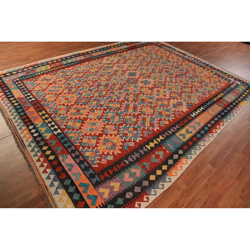 Geometric Kilim Area Rug Hand-Woven Oriental Wool Carpet - 8'4"x 11'1"