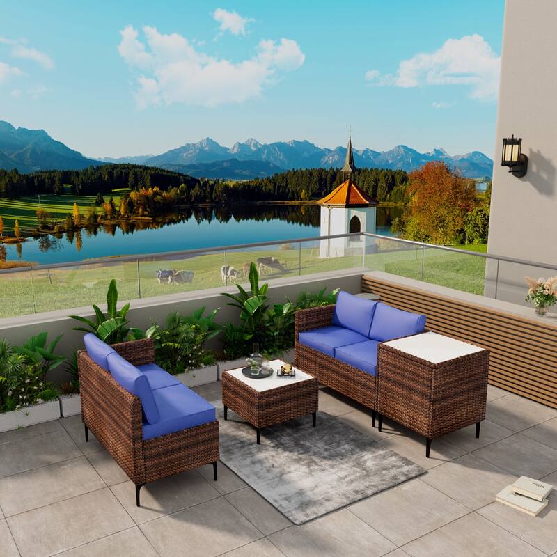 4-Piece Rattan Patio Set – Modular Sectional with Storage Box & Glass Table, Weather-Resistant for Outdoor Lounge,